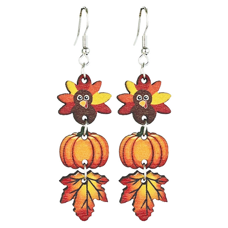 Wholesale 2 Pairs/pack Thanksgiving Wooden Multi-Element Turkey Pumpkin Maple Leaf Chinese Restaurant Autumn Vibe Earrings